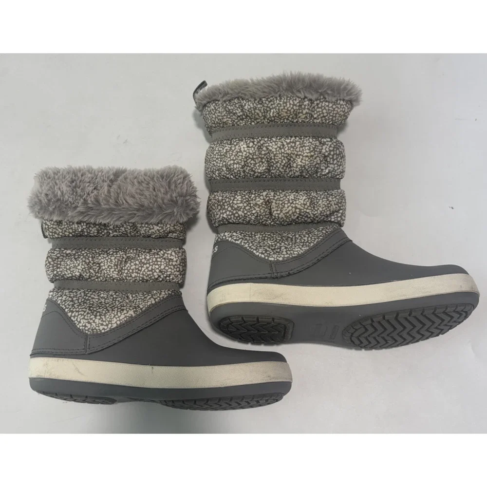 Crocs Crocband Winter Puff Boots Women's Kids Size 6 Gray Faux Fur Fleece Lined